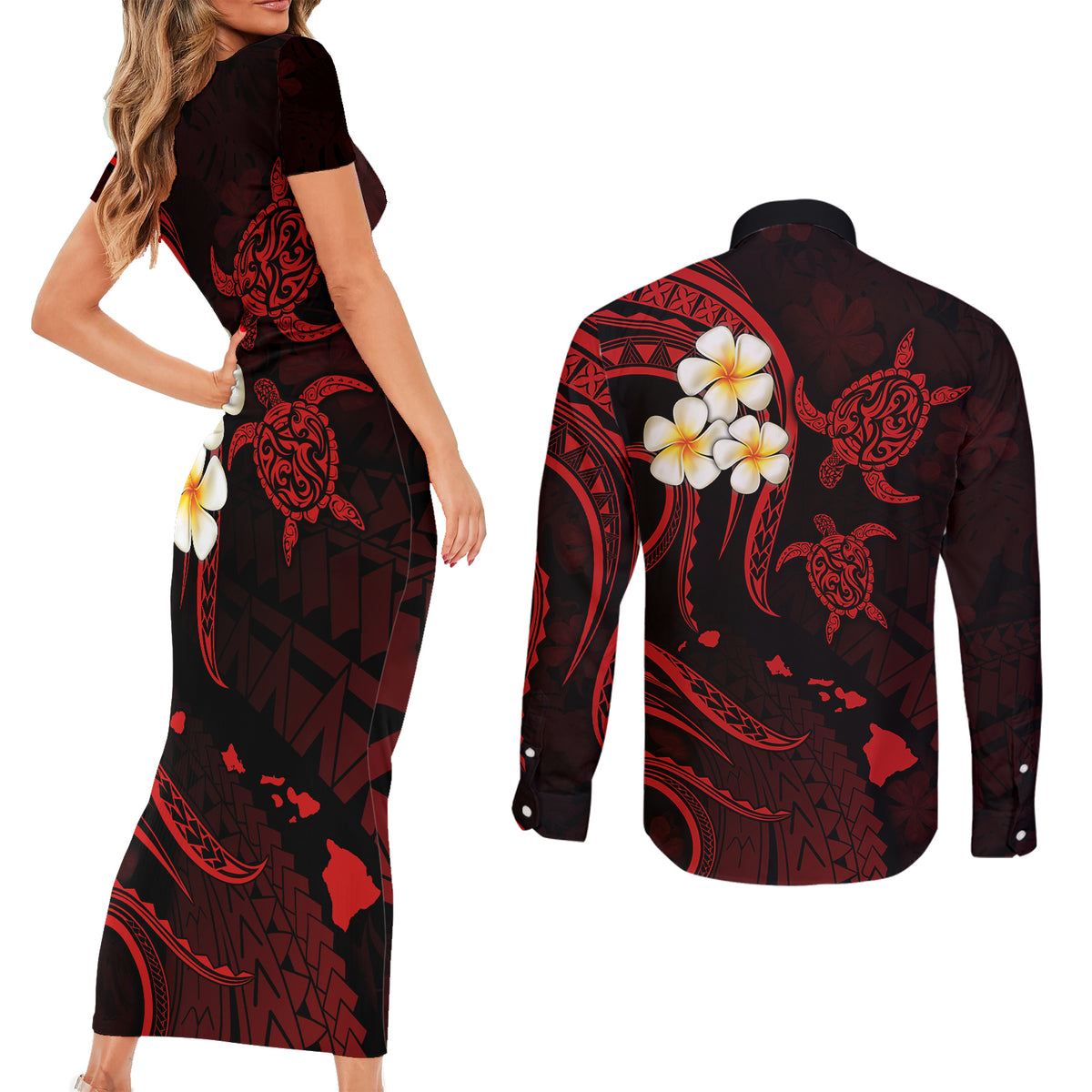 Polynesian Hawaii Couples Short Sleeve Bodycon Dress and Long Sleeve Button Shirts Kahoolawe Islands with Pacific Plumeria Red Vibe LT9 - Polynesian Pride
