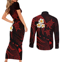 Polynesian Hawaii Couples Short Sleeve Bodycon Dress and Long Sleeve Button Shirts Kahoolawe Islands with Pacific Plumeria Red Vibe LT9 - Polynesian Pride