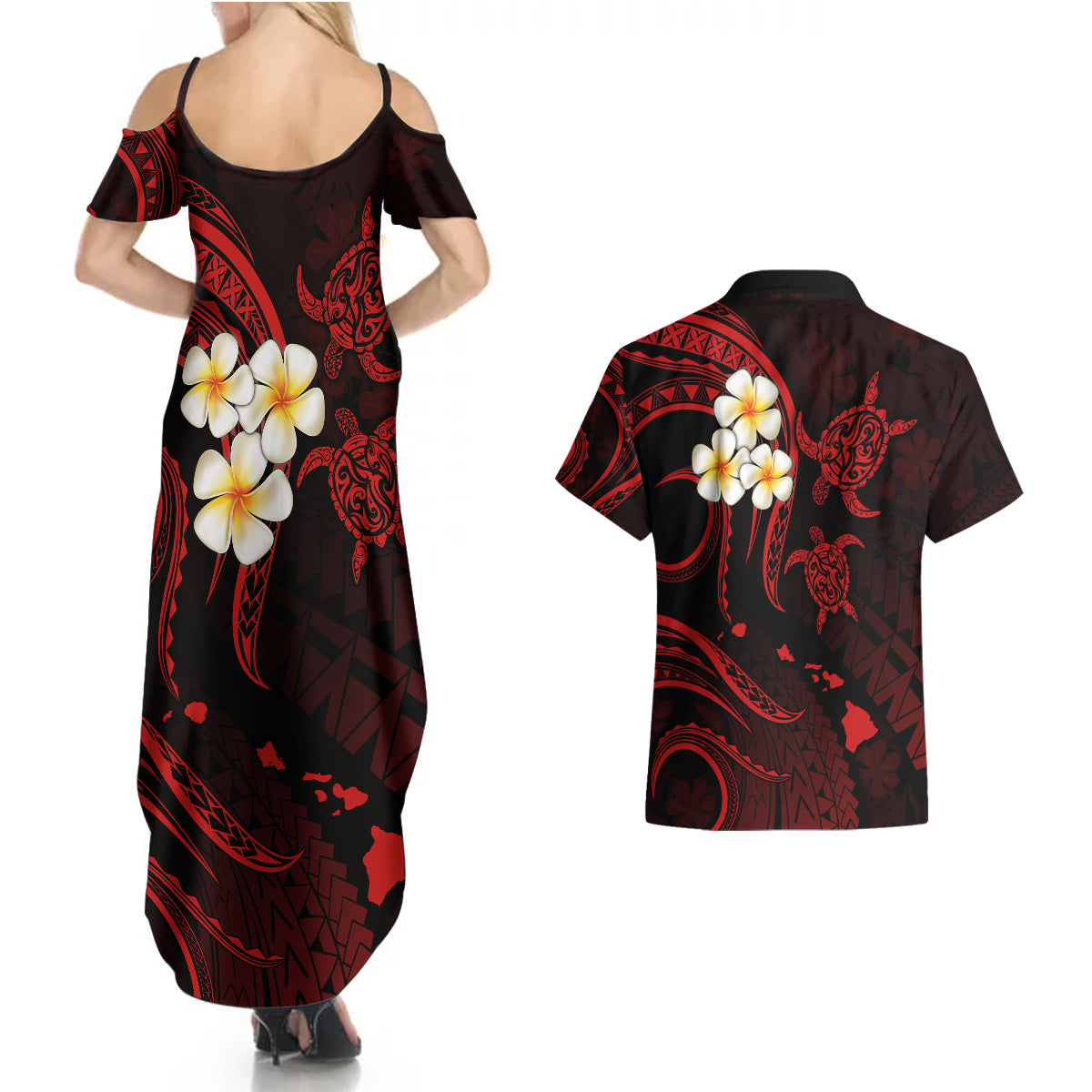 Polynesian Hawaii Couples Summer Maxi Dress and Hawaiian Shirt Kahoolawe Islands with Pacific Plumeria Red Vibe LT9 - Polynesian Pride