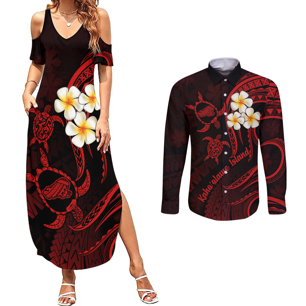 Polynesian Hawaii Couples Summer Maxi Dress and Long Sleeve Button Shirts Kahoolawe Islands with Pacific Plumeria Red Vibe LT9 Red - Polynesian Pride