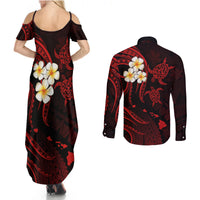 Polynesian Hawaii Couples Summer Maxi Dress and Long Sleeve Button Shirts Kahoolawe Islands with Pacific Plumeria Red Vibe LT9 - Polynesian Pride