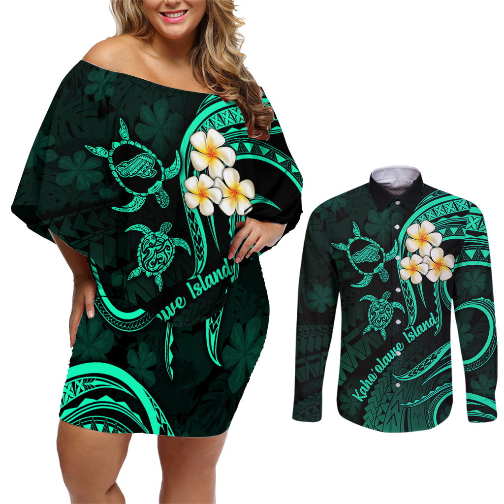 Polynesian Hawaii Couples Off Shoulder Short Dress and Long Sleeve Button Shirts Kahoolawe Islands with Pacific Plumeria Turquoise Vibe LT9 Turquoise - Polynesian Pride