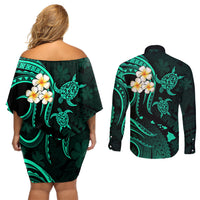 Polynesian Hawaii Couples Off Shoulder Short Dress and Long Sleeve Button Shirts Kahoolawe Islands with Pacific Plumeria Turquoise Vibe LT9 - Polynesian Pride