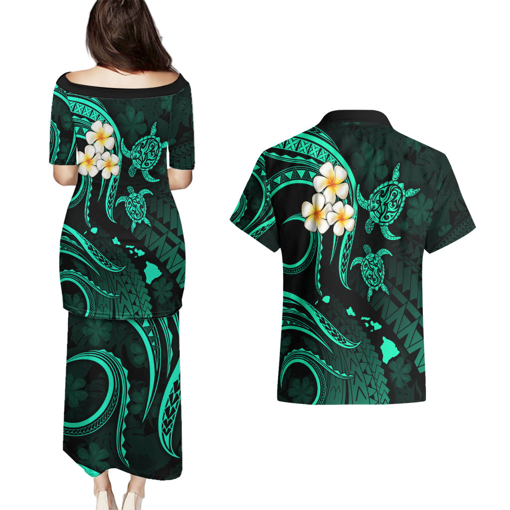 Polynesian Hawaii Couples Puletasi Dress and Hawaiian Shirt Kahoolawe Islands with Pacific Plumeria Turquoise Vibe LT9 - Polynesian Pride