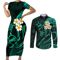 Polynesian Hawaii Couples Short Sleeve Bodycon Dress and Long Sleeve Button Shirts Kahoolawe Islands with Pacific Plumeria Turquoise Vibe LT9 Turquoise - Polynesian Pride