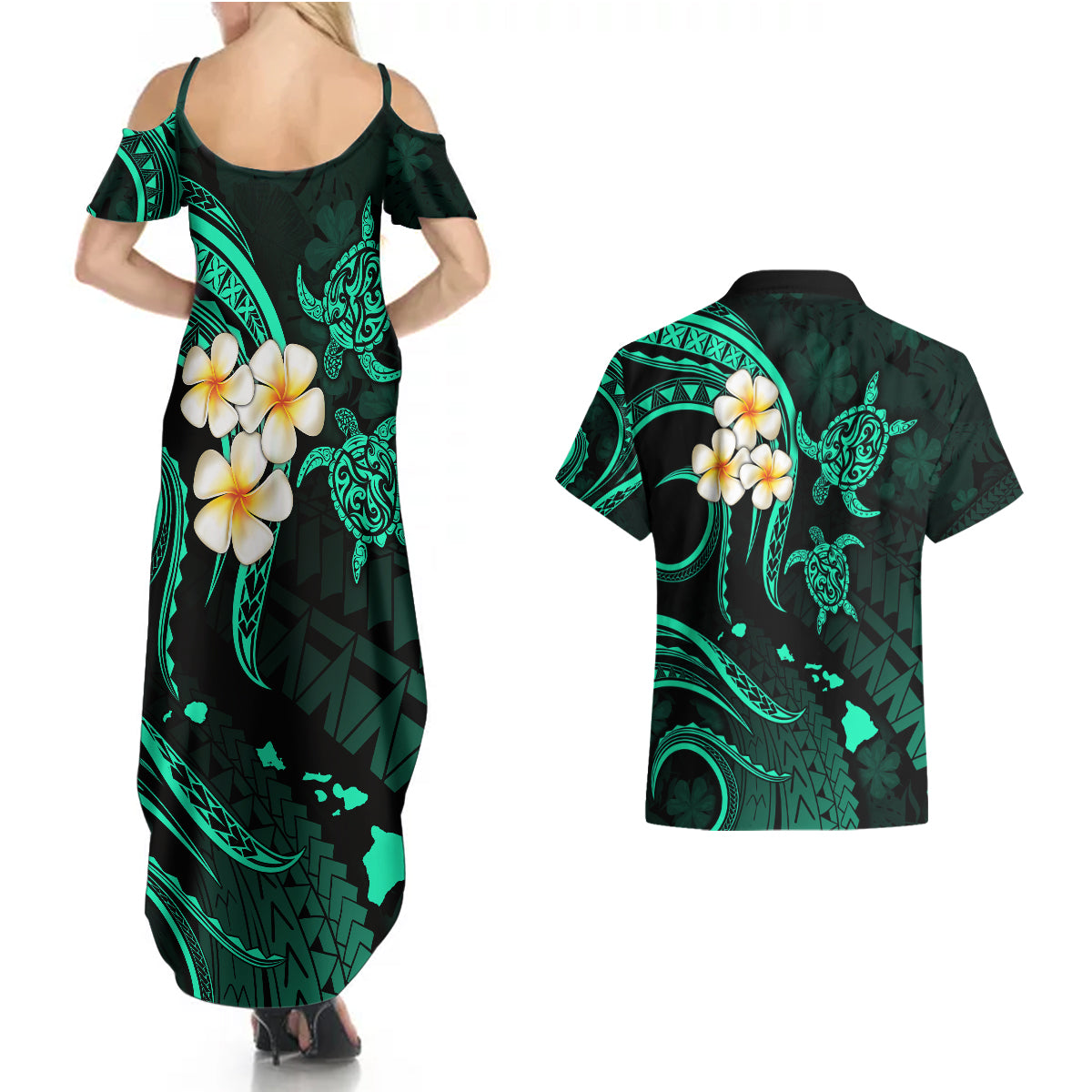 Polynesian Hawaii Couples Summer Maxi Dress and Hawaiian Shirt Kahoolawe Islands with Pacific Plumeria Turquoise Vibe LT9 - Polynesian Pride