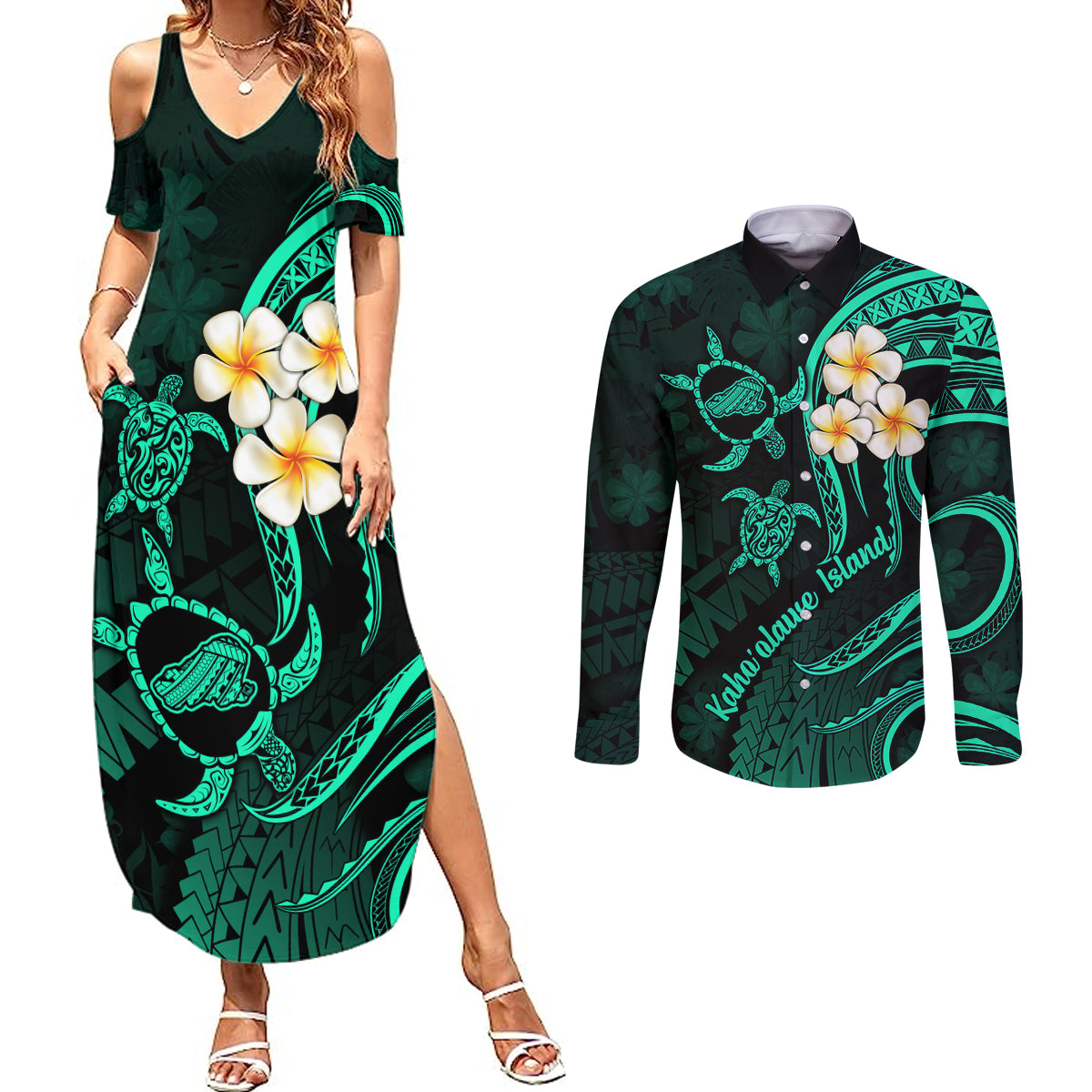 Polynesian Hawaii Couples Summer Maxi Dress and Long Sleeve Button Shirts Kahoolawe Islands with Pacific Plumeria Turquoise Vibe LT9 Turquoise - Polynesian Pride