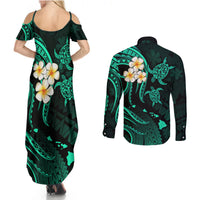 Polynesian Hawaii Couples Summer Maxi Dress and Long Sleeve Button Shirts Kahoolawe Islands with Pacific Plumeria Turquoise Vibe LT9 - Polynesian Pride