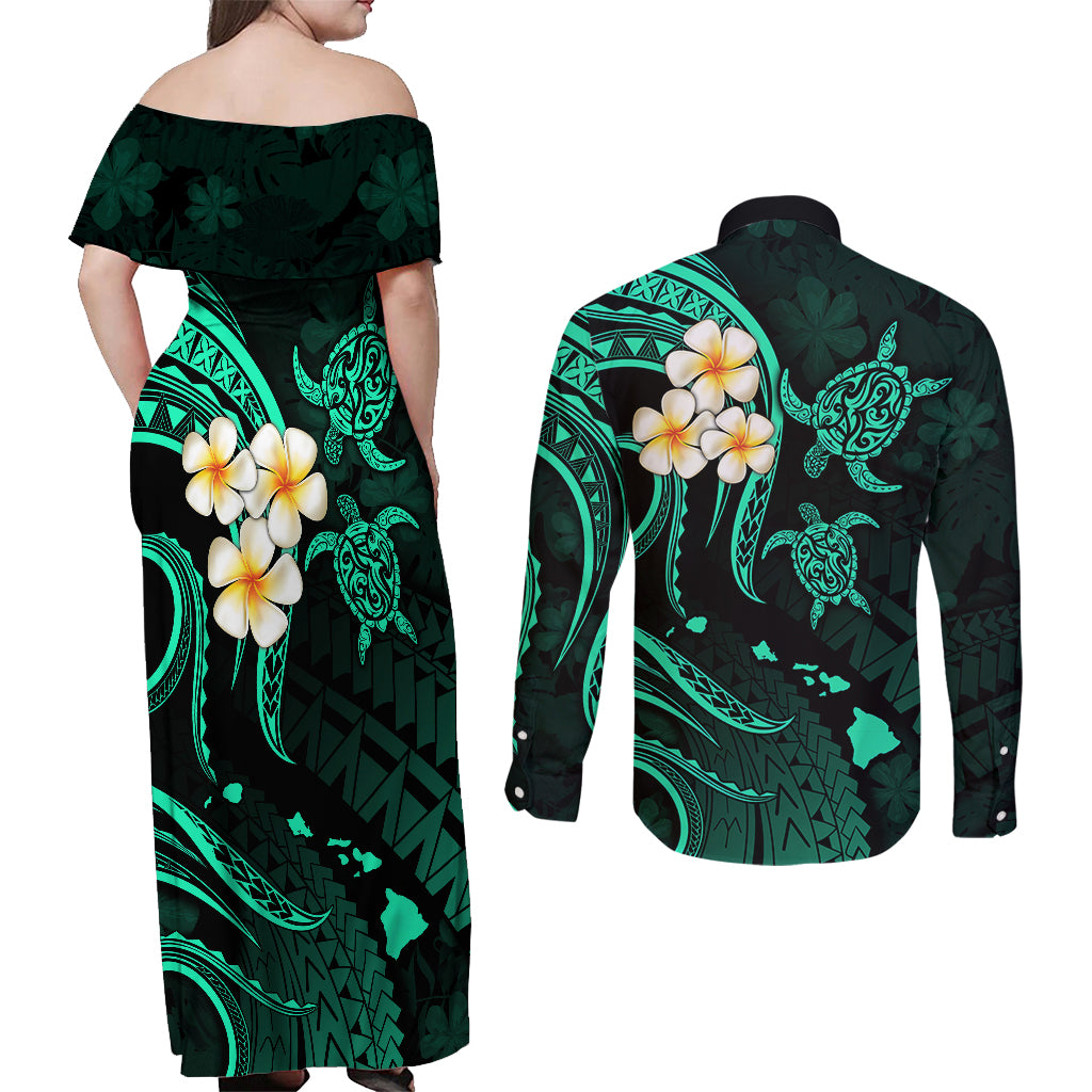 Polynesian Hawaii Couples Off Shoulder Maxi Dress and Long Sleeve Button Shirts Kahoolawe Islands with Pacific Plumeria Turquoise Vibe LT9 - Polynesian Pride