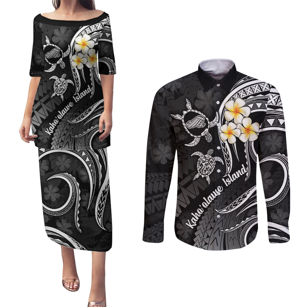 Polynesian Hawaii Couples Puletasi Dress and Long Sleeve Button Shirts Kahoolawe Islands with Pacific Plumeria White Vibe LT9 White - Polynesian Pride