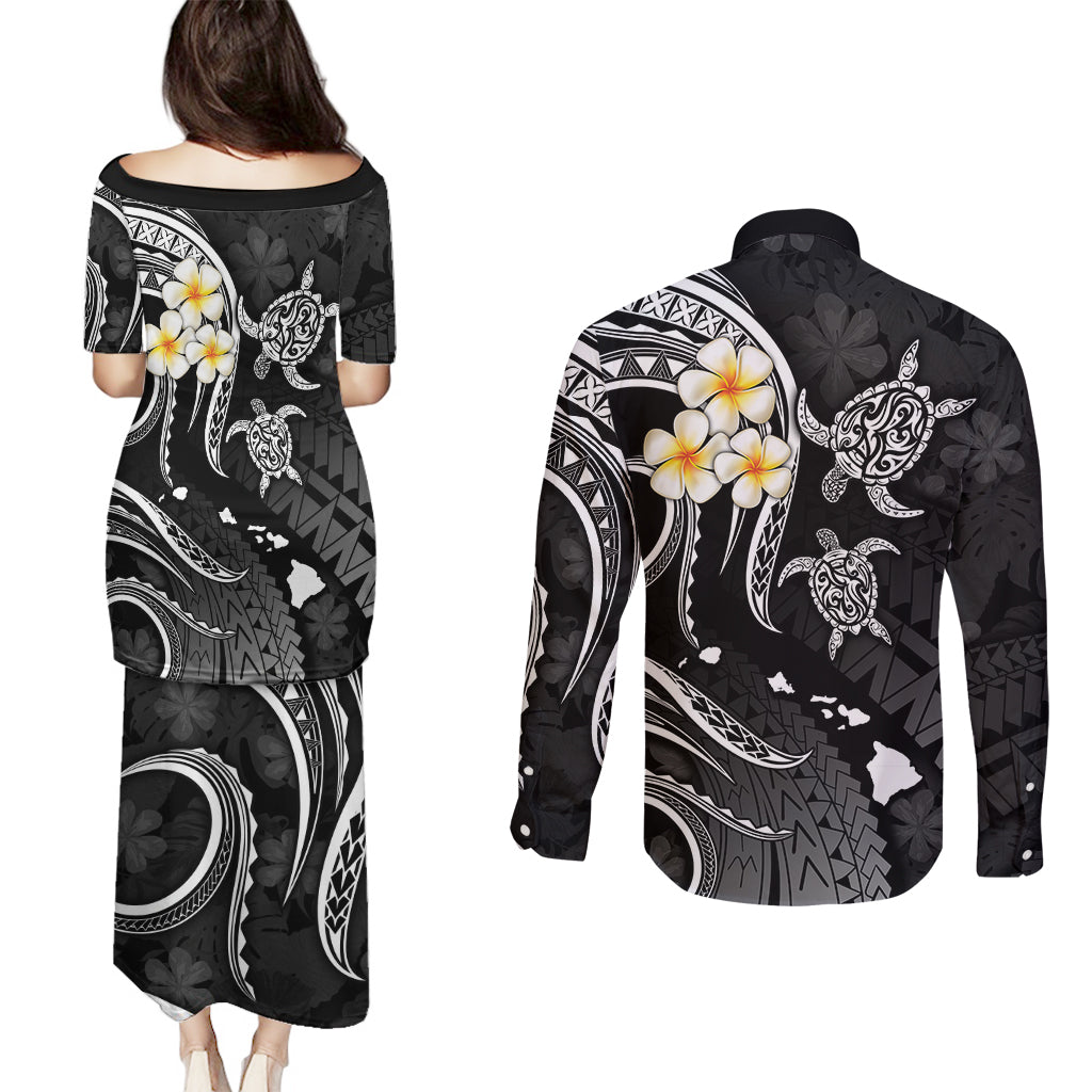 Polynesian Hawaii Couples Puletasi Dress and Long Sleeve Button Shirts Kahoolawe Islands with Pacific Plumeria White Vibe LT9 - Polynesian Pride