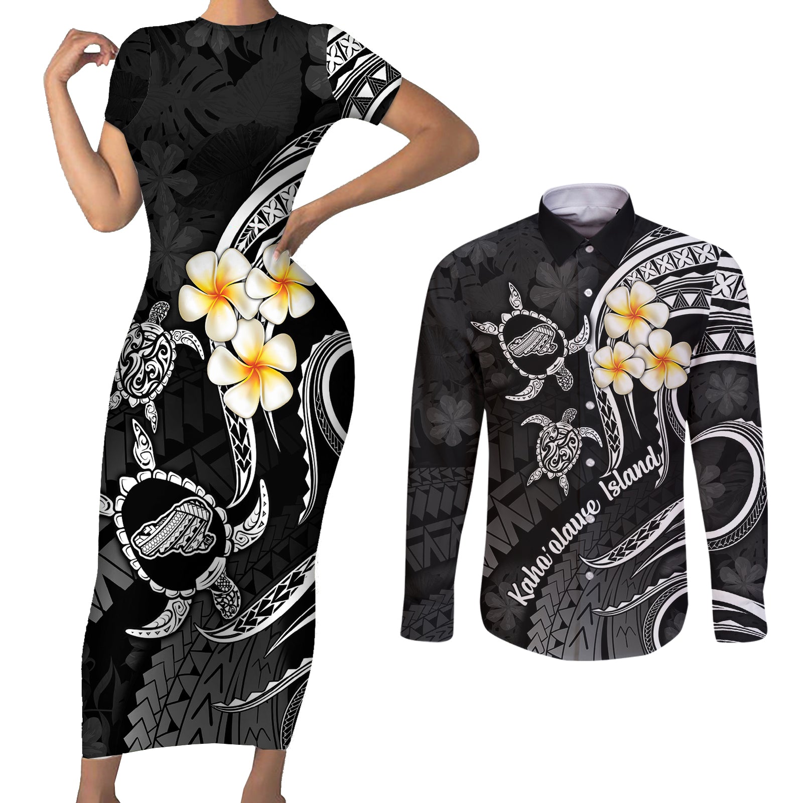 Polynesian Hawaii Couples Short Sleeve Bodycon Dress and Long Sleeve Button Shirts Kahoolawe Islands with Pacific Plumeria White Vibe LT9 White - Polynesian Pride