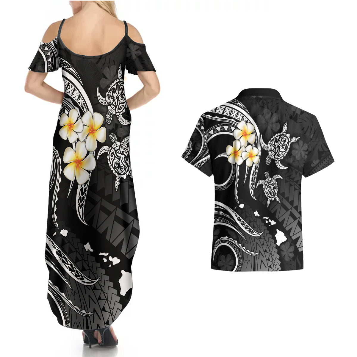 Polynesian Hawaii Couples Summer Maxi Dress and Hawaiian Shirt Kahoolawe Islands with Pacific Plumeria White Vibe LT9 - Polynesian Pride