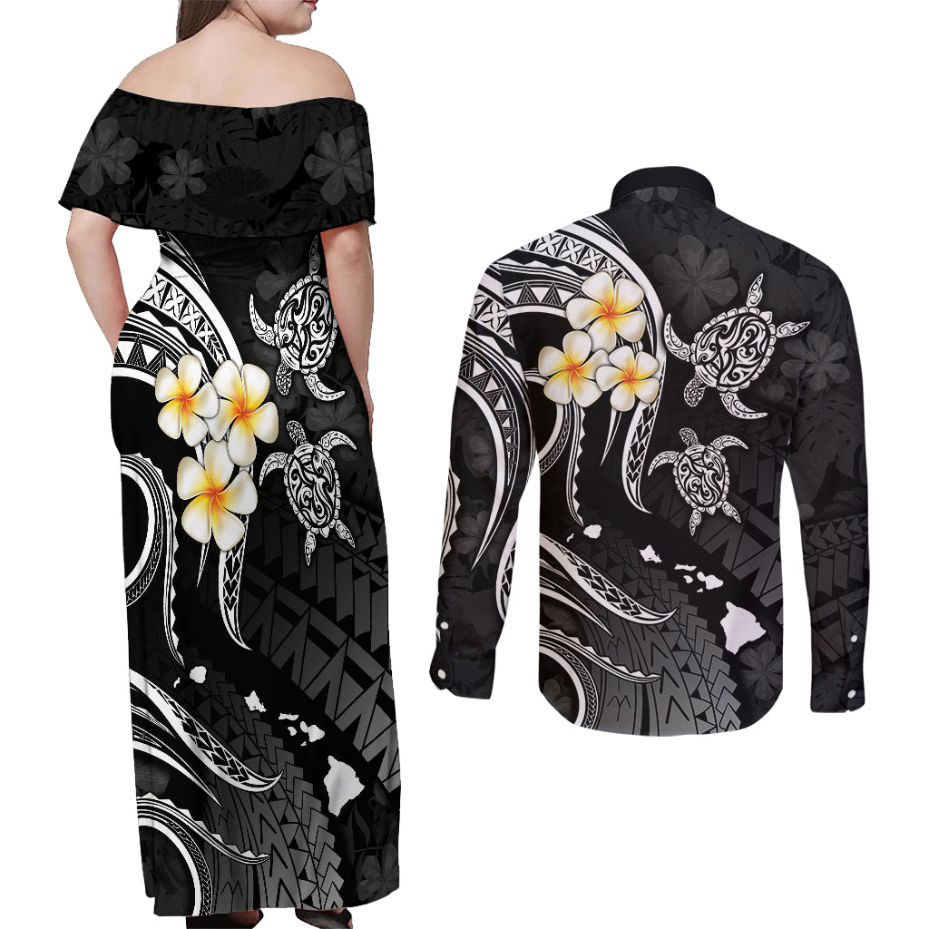 Polynesian Hawaii Couples Off Shoulder Maxi Dress and Long Sleeve Button Shirts Kahoolawe Islands with Pacific Plumeria White Vibe LT9 - Polynesian Pride