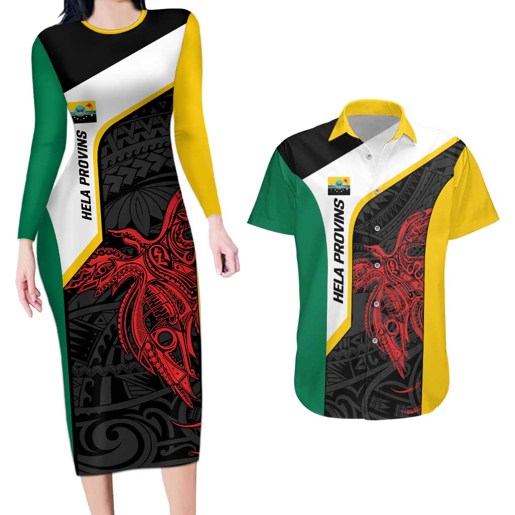 Personalised PNG Hela Province Couples Matching Long Sleeve Bodycon Dress and Hawaiian Shirt Bird of Paradise Tattoo Flag Motif - Polynesian Pride