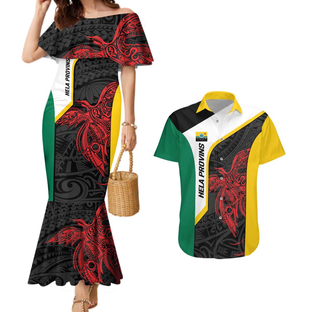 Personalised PNG Hela Province Couples Matching Mermaid Dress and Hawaiian Shirt Bird of Paradise Tattoo Flag Motif - Polynesian Pride