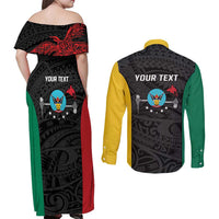Personalised PNG Hela Province Couples Matching Off Shoulder Maxi Dress and Long Sleeve Button Shirt Bird of Paradise Tattoo Flag Motif - Polynesian Pride