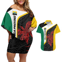 Personalised PNG Hela Province Couples Matching Off Shoulder Short Dress and Hawaiian Shirt Bird of Paradise Tattoo Flag Motif - Polynesian Pride