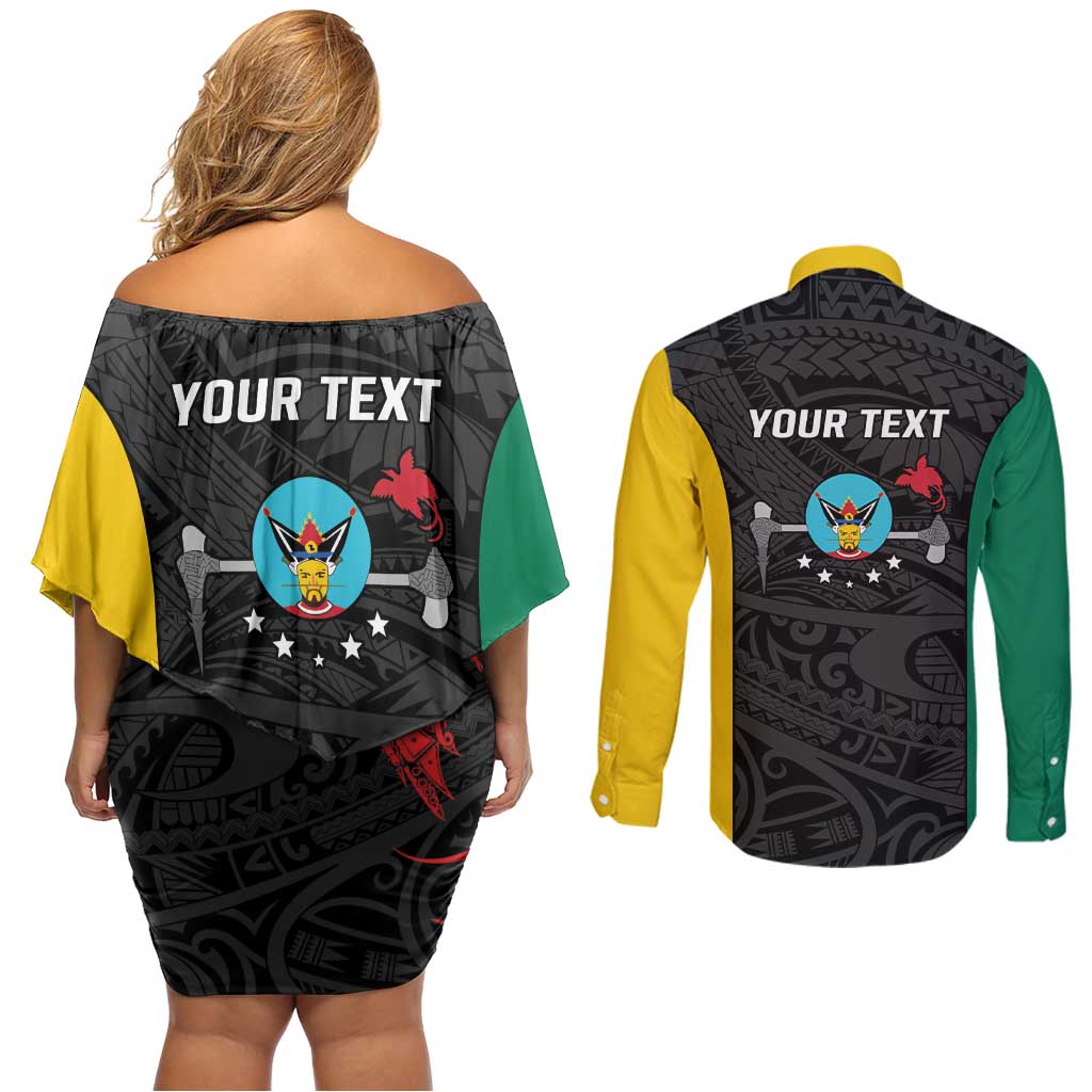 Personalised PNG Hela Province Couples Matching Off Shoulder Short Dress and Long Sleeve Button Shirt Bird of Paradise Tattoo Flag Motif - Polynesian Pride
