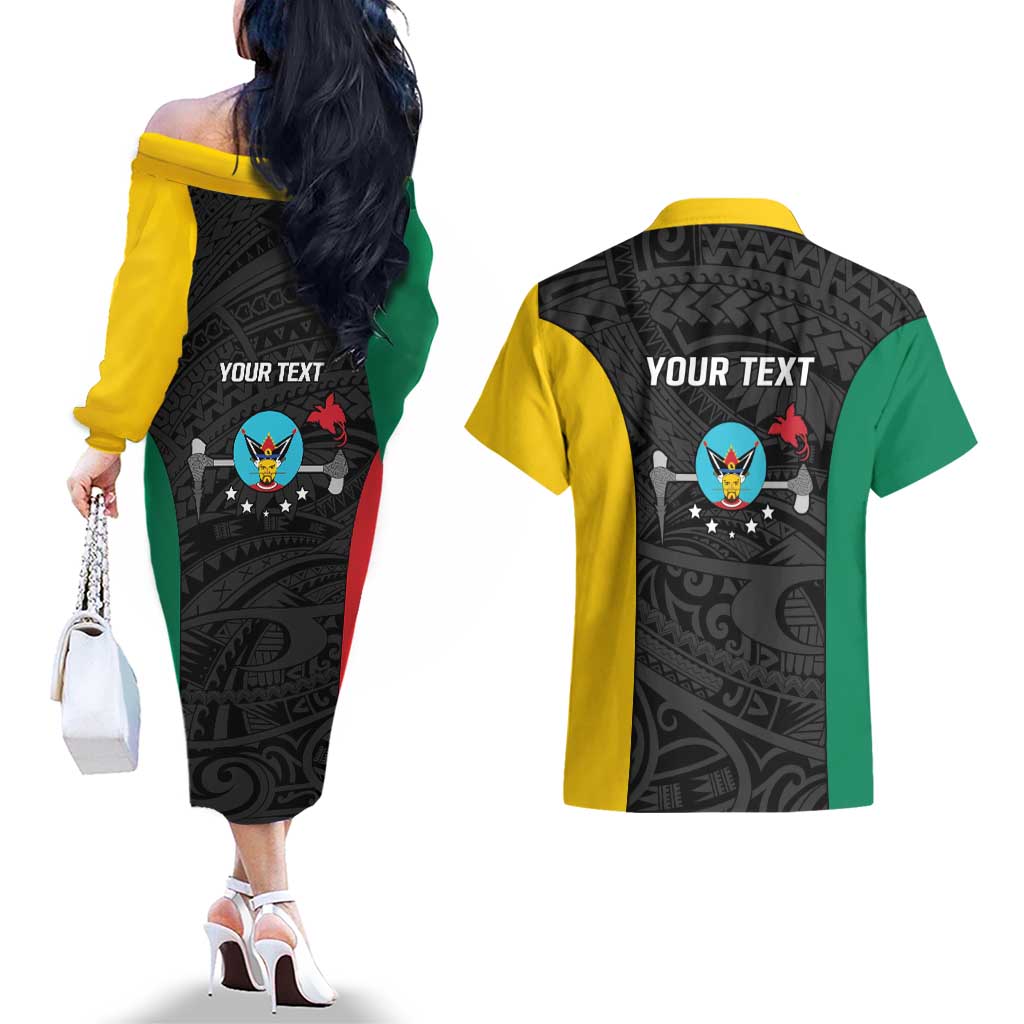 Personalised PNG Hela Province Couples Matching Off The Shoulder Long Sleeve Dress and Hawaiian Shirt Bird of Paradise Tattoo Flag Motif - Polynesian Pride