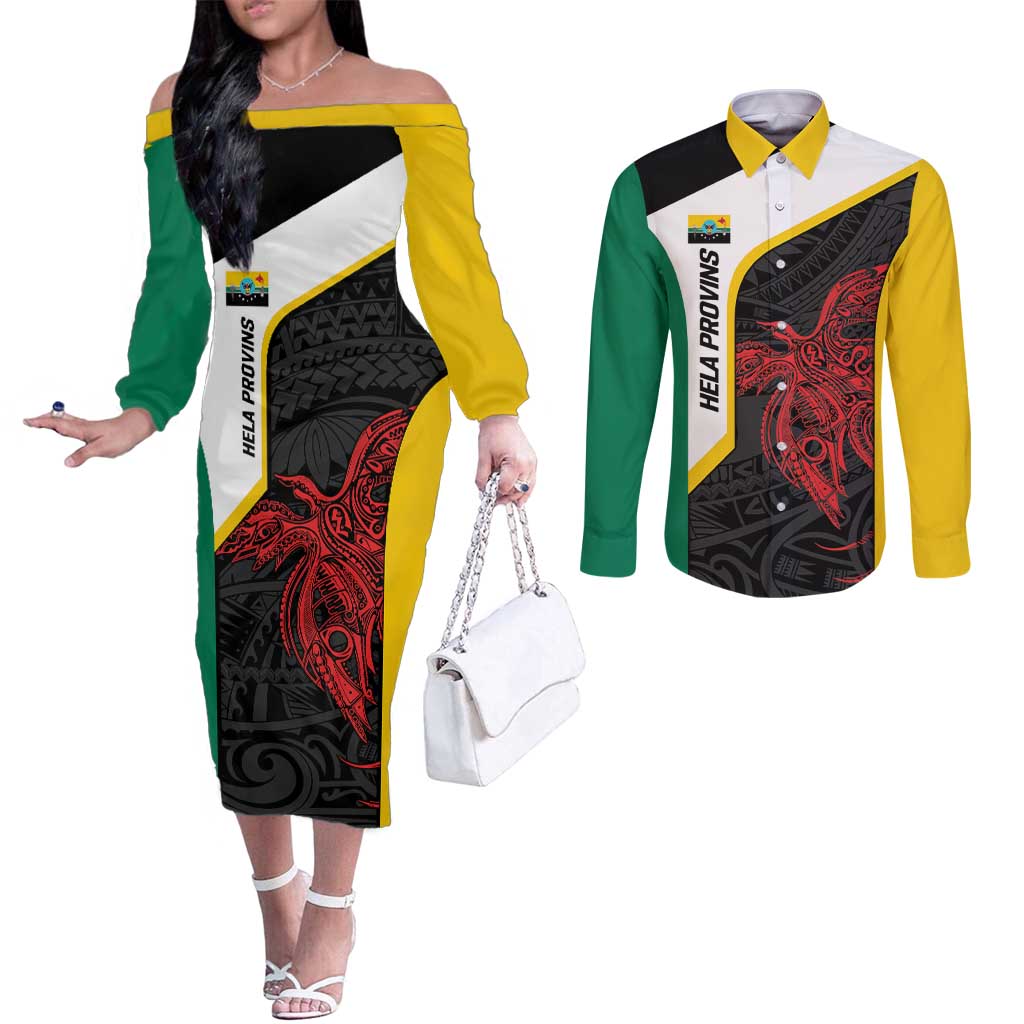 Personalised PNG Hela Province Couples Matching Off The Shoulder Long Sleeve Dress and Long Sleeve Button Shirt Bird of Paradise Tattoo Flag Motif - Polynesian Pride