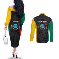 Personalised PNG Hela Province Couples Matching Off The Shoulder Long Sleeve Dress and Long Sleeve Button Shirt Bird of Paradise Tattoo Flag Motif - Polynesian Pride