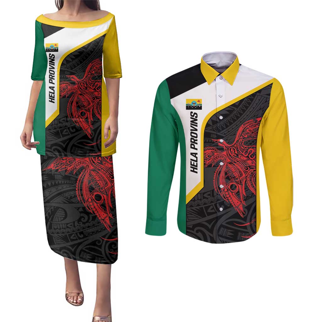 Personalised PNG Hela Province Couples Matching Puletasi and Long Sleeve Button Shirt Bird of Paradise Tattoo Flag Motif LT9 Yellow - Polynesian Pride
