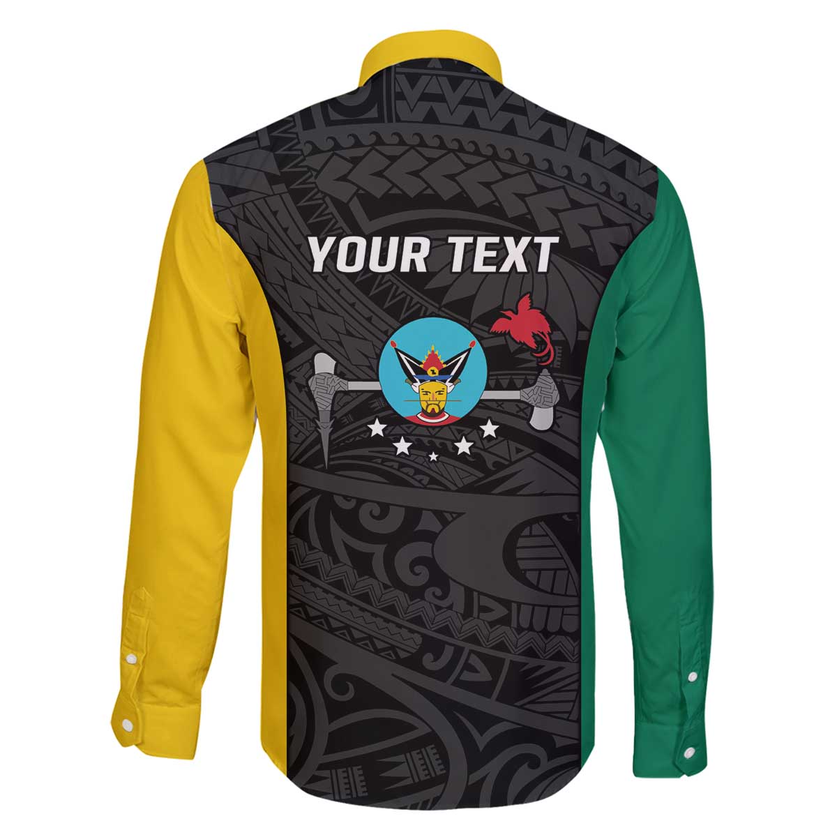 Personalised PNG Hela Province Family Matching Off The Shoulder Long Sleeve Dress and Hawaiian Shirt Bird of Paradise Tattoo Flag Motif - Polynesian Pride