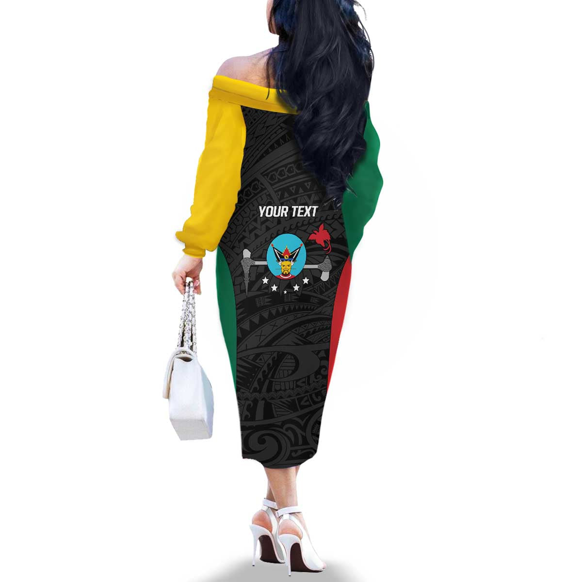 Personalised PNG Hela Province Family Matching Off The Shoulder Long Sleeve Dress and Hawaiian Shirt Bird of Paradise Tattoo Flag Motif - Polynesian Pride