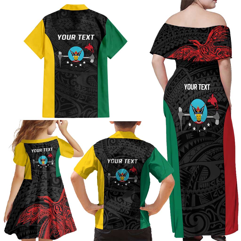 Personalised PNG Hela Province Family Matching Off Shoulder Maxi Dress and Hawaiian Shirt Bird of Paradise Tattoo Flag Motif - Polynesian Pride