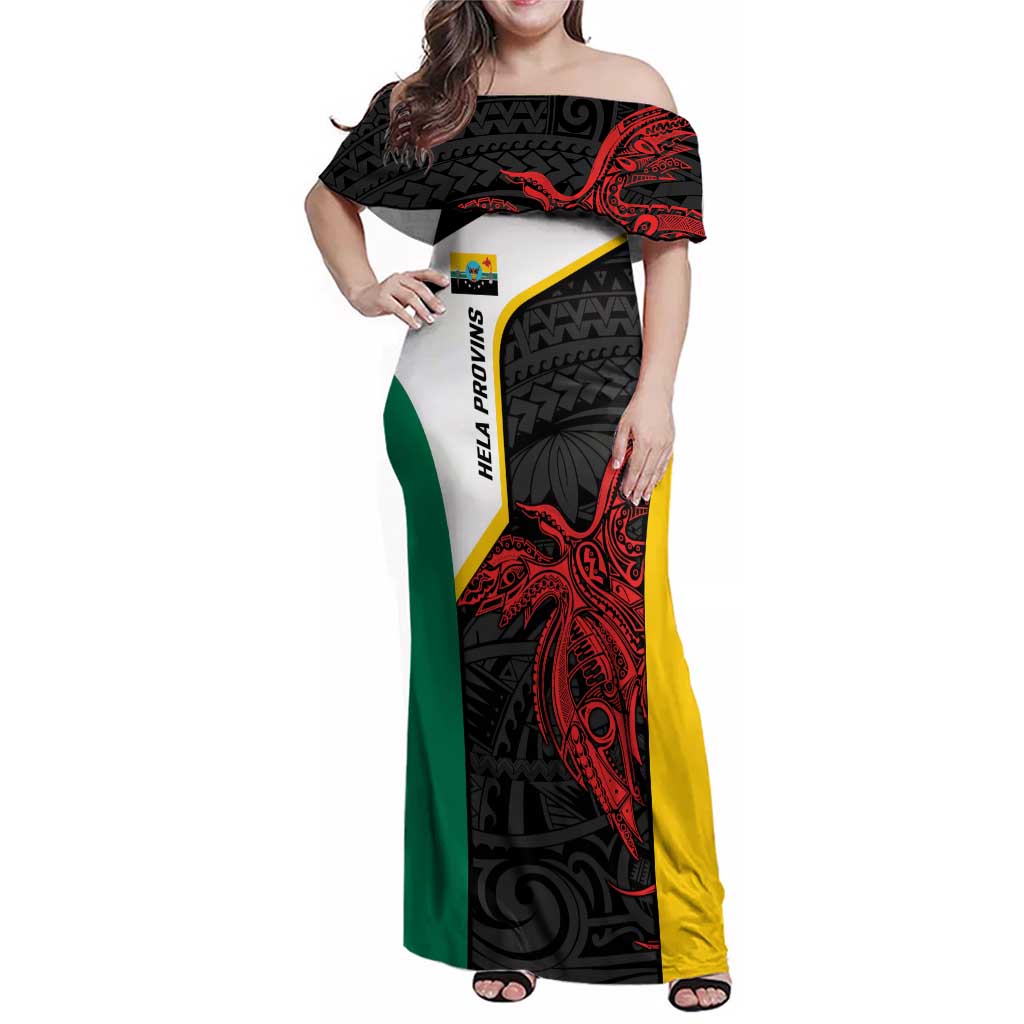 Personalised PNG Hela Province Family Matching Off Shoulder Maxi Dress and Hawaiian Shirt Bird of Paradise Tattoo Flag Motif - Polynesian Pride