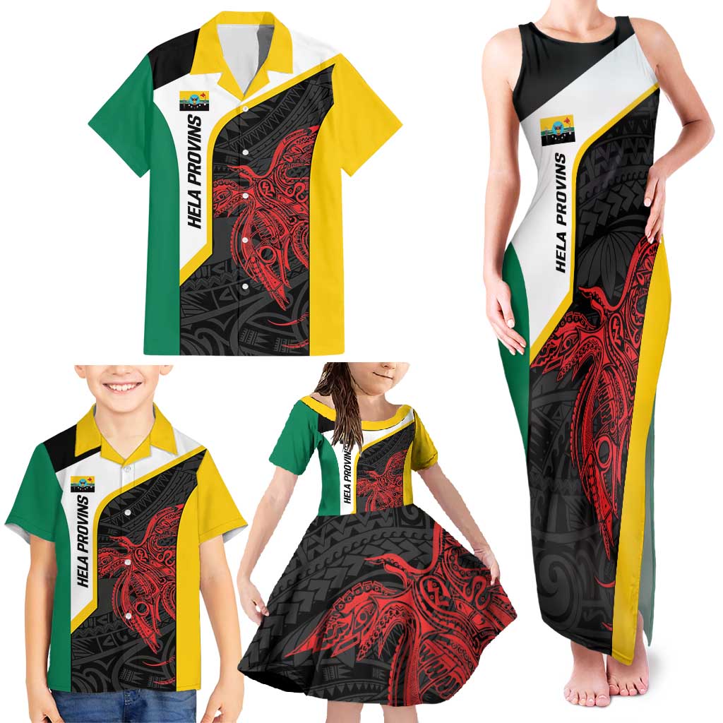 Personalised PNG Hela Province Family Matching Tank Maxi Dress and Hawaiian Shirt Bird of Paradise Tattoo Flag Motif - Polynesian Pride