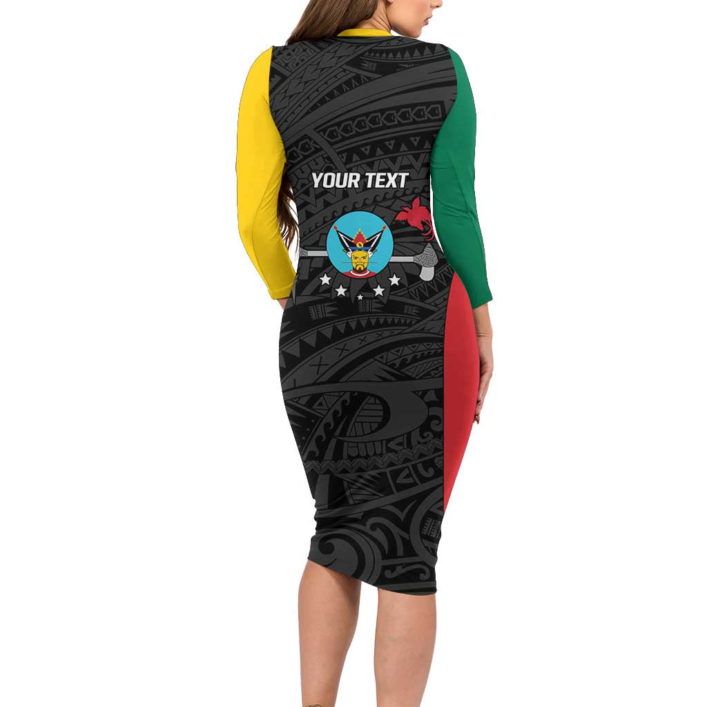 Personalised PNG Hela Province Long Sleeve Bodycon Dress Bird of Paradise Tattoo Flag Motif - Polynesian Pride
