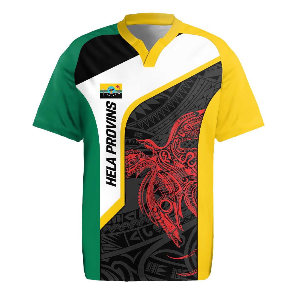Personalised PNG Hela Province Rugby Jersey Bird of Paradise Tattoo Flag Motif - Polynesian Pride