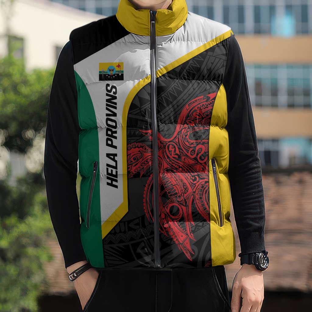 Personalised PNG Hela Province Sleeveless Puffer Jacket Bird of Paradise Tattoo Flag Motif - Polynesian Pride