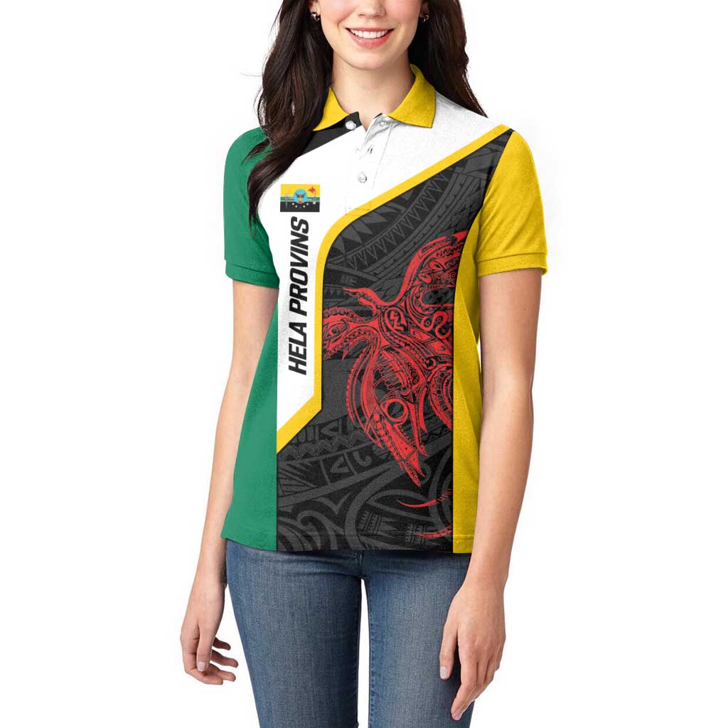 Personalised PNG Hela Province Women Polo Shirt Bird of Paradise Tattoo Flag Motif - Polynesian Pride