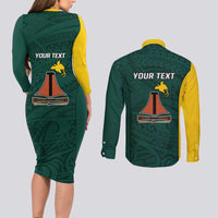 Personalised PNG Jiwaka Province Couples Matching Long Sleeve Bodycon Dress and Long Sleeve Button Shirt Bird of Paradise Tattoo Flag Motif - Polynesian Pride