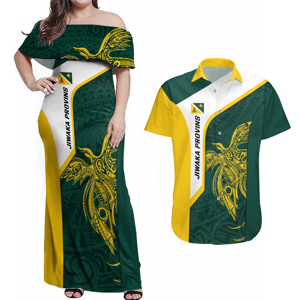 Personalised PNG Jiwaka Province Couples Matching Off Shoulder Maxi Dress and Hawaiian Shirt Bird of Paradise Tattoo Flag Motif - Polynesian Pride