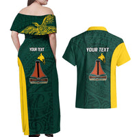Personalised PNG Jiwaka Province Couples Matching Off Shoulder Maxi Dress and Hawaiian Shirt Bird of Paradise Tattoo Flag Motif - Polynesian Pride