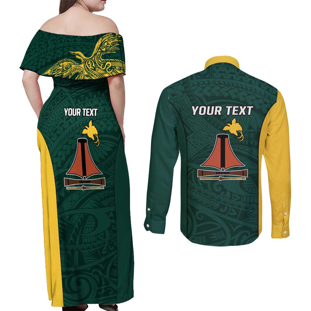 Personalised PNG Jiwaka Province Couples Matching Off Shoulder Maxi Dress and Long Sleeve Button Shirt Bird of Paradise Tattoo Flag Motif - Polynesian Pride