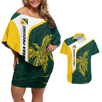 Personalised PNG Jiwaka Province Couples Matching Off Shoulder Short Dress and Hawaiian Shirt Bird of Paradise Tattoo Flag Motif - Polynesian Pride