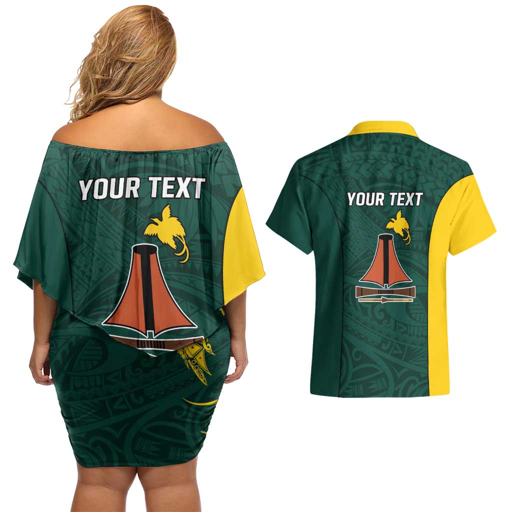 Personalised PNG Jiwaka Province Couples Matching Off Shoulder Short Dress and Hawaiian Shirt Bird of Paradise Tattoo Flag Motif - Polynesian Pride