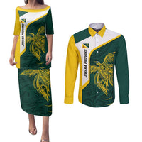 Personalised PNG Jiwaka Province Couples Matching Puletasi and Long Sleeve Button Shirt Bird of Paradise Tattoo Flag Motif - Polynesian Pride