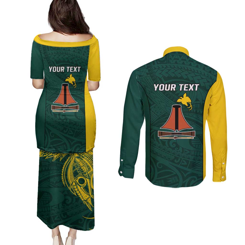 Personalised PNG Jiwaka Province Couples Matching Puletasi and Long Sleeve Button Shirt Bird of Paradise Tattoo Flag Motif - Polynesian Pride