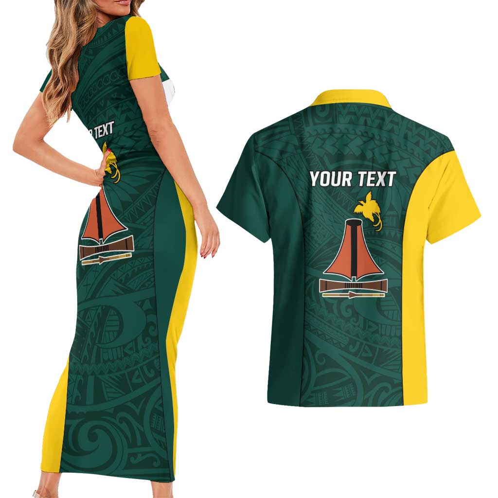 Personalised PNG Jiwaka Province Couples Matching Short Sleeve Bodycon Dress and Hawaiian Shirt Bird of Paradise Tattoo Flag Motif - Polynesian Pride