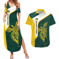 Personalised PNG Jiwaka Province Couples Matching Summer Maxi Dress and Hawaiian Shirt Bird of Paradise Tattoo Flag Motif - Polynesian Pride