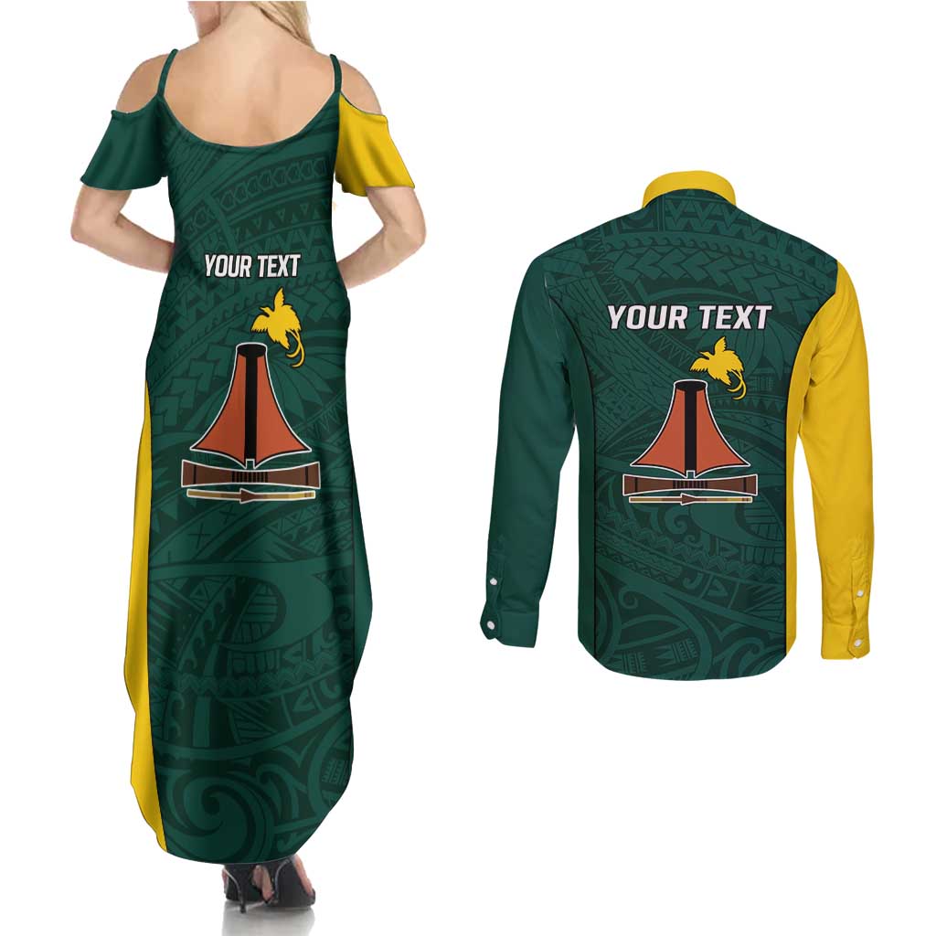 Personalised PNG Jiwaka Province Couples Matching Summer Maxi Dress and Long Sleeve Button Shirt Bird of Paradise Tattoo Flag Motif - Polynesian Pride