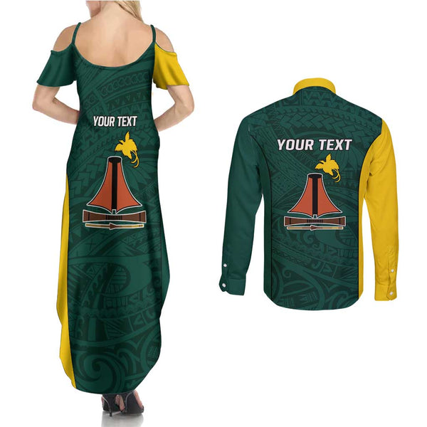 Personalised Papua New Guinea Hela Province Couples Matching Tank Maxi Dress and Long Sleeve Button Shirts PNG Birds Of Paradise Polynesian Arty Style LT03
