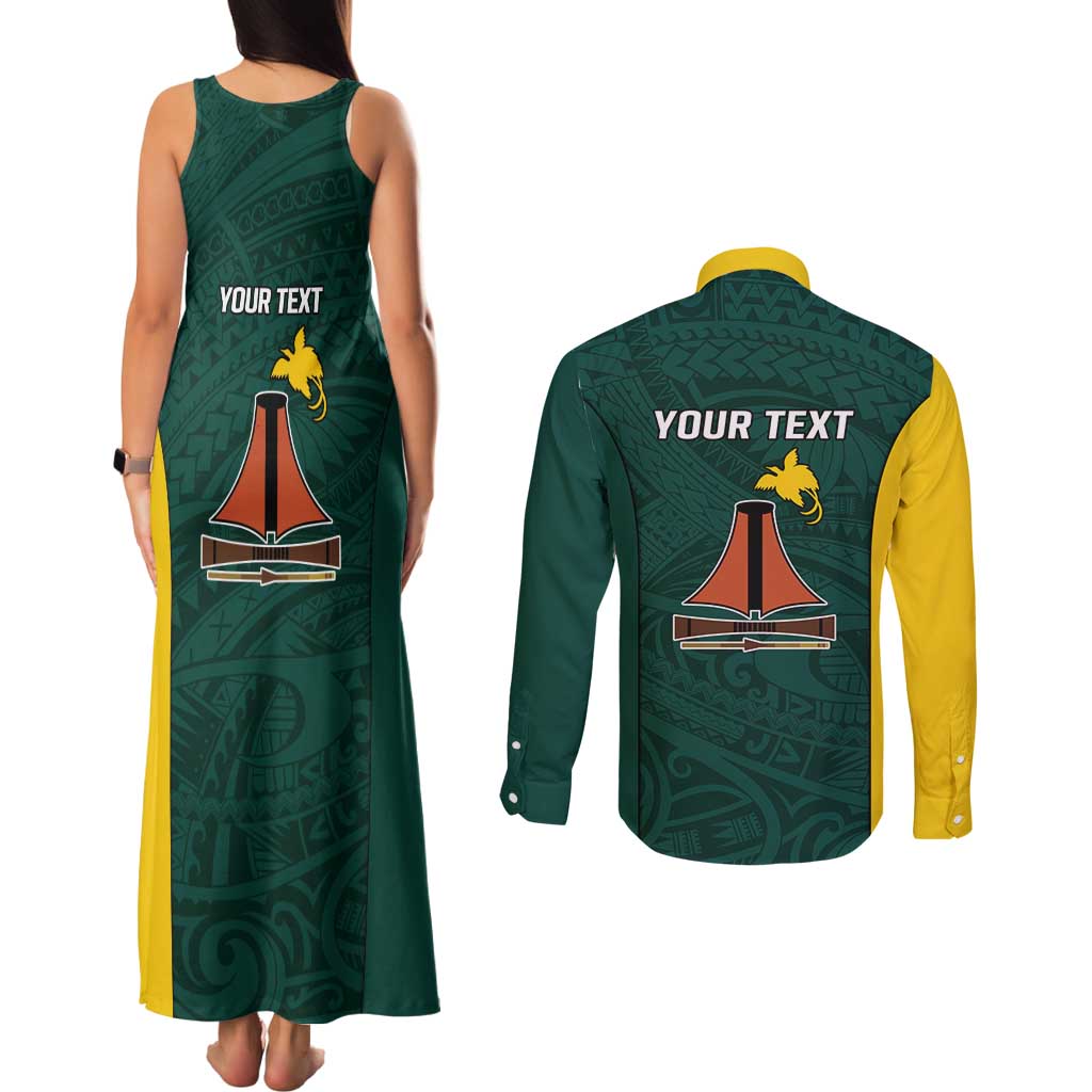 Personalised PNG Jiwaka Province Couples Matching Tank Maxi Dress and Long Sleeve Button Shirt Bird of Paradise Tattoo Flag Motif - Polynesian Pride