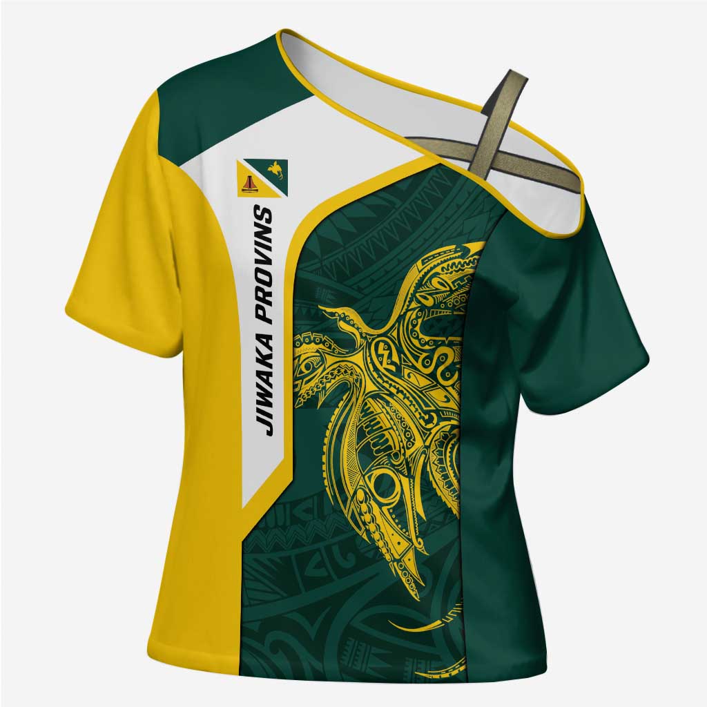 Personalised PNG Jiwaka Province Cross Shoulder Shirt Bird of Paradise Tattoo Flag Motif - Polynesian Pride